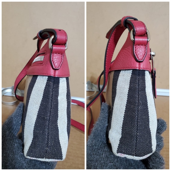 BURBERRY Check Canvas Crossbody Cadmium Farley Red Bag - Picture 8 of 11
